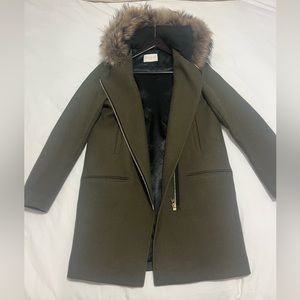 Dark Green Sandro Wool Coat with Fur Hood